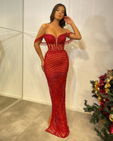 Off The Shoulder Sequins Red Sleeveless Prom Dress with Strapless Long Tassel
